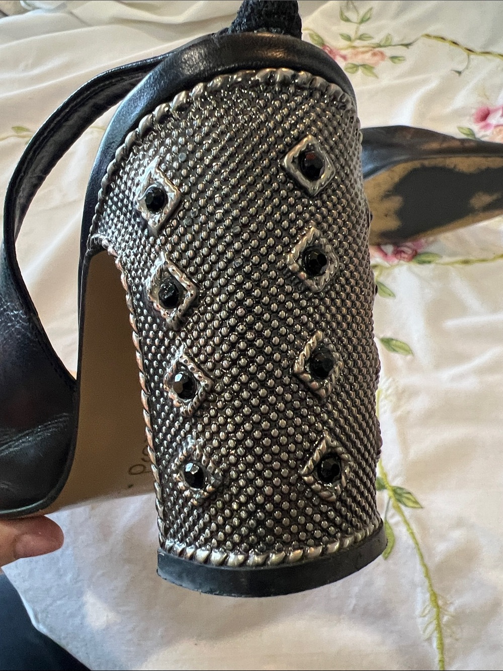 Poxy Black Leather Slingback Pumps with Metal Studded Heel Sz 8 - Picture 6 of 7